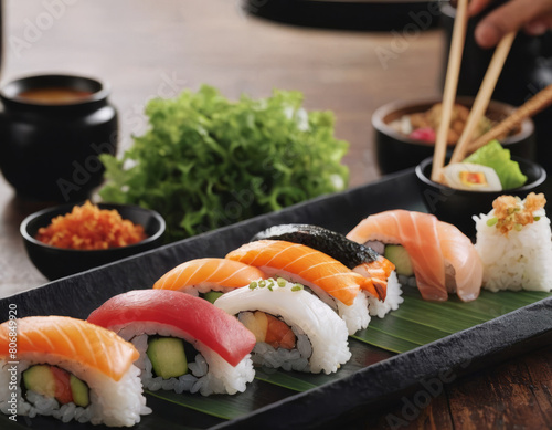 Fototapeta Naklejka Na Ścianę i Meble -  Una sinfonia di sapori: il piatto di sushi promette un'esperienza gastronomica indimenticabile.