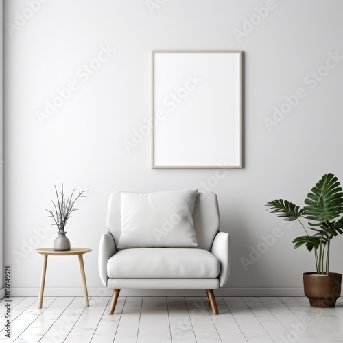 Frame mockup on a pristine white wall in a simple  minimalist interior with a single decorative element.