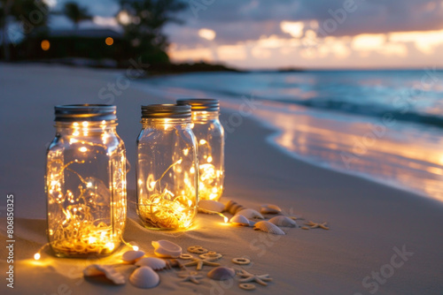 Mason jars are arranged along the sandy shore of a beach, illuminated by the soft glow of fairy lights. The gentle waves lap against the shore in the background. photo