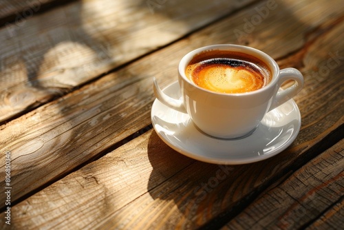 A black coffee cup with espresso coffee stands on a wooden table. close-up. Beautiful simple AI generated image in 4K  unique.
