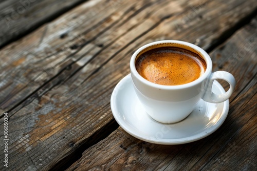 A black coffee cup with espresso coffee stands on a wooden table. close-up. Beautiful simple AI generated image in 4K, unique.