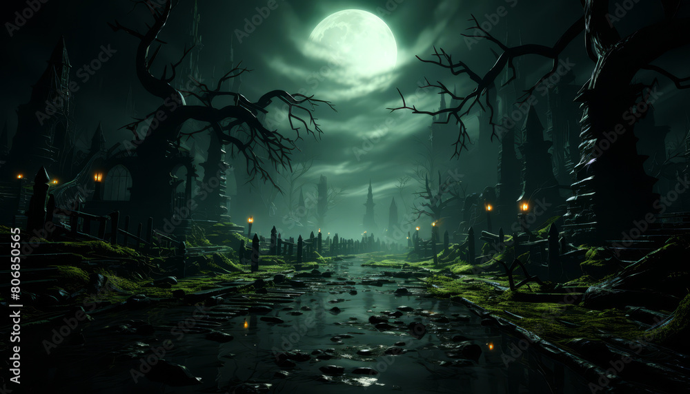 Fototapeta premium A dark, eerie forest with a full moon in the background