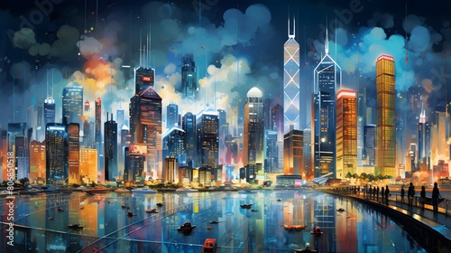 Night city panoramic view with skyscrapers in Shanghai, China photo