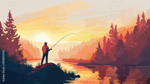 Young man fishing on river style vector design
