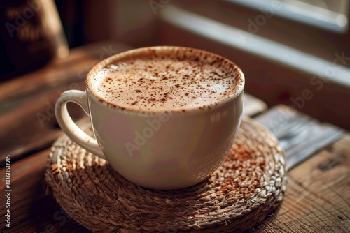 A black coffee cup with espresso coffee stands on a wooden table. close-up. Beautiful simple AI generated image in 4K, unique.