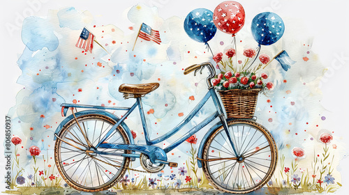 watercolor illustration of bike with balloons with blue, red ballons, american flag, Independence Day of America concept, blue background