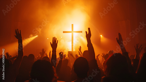 Christian worshipers raising hands up in the air, expressing faith and devotion, Generative Ai   © Dzynee