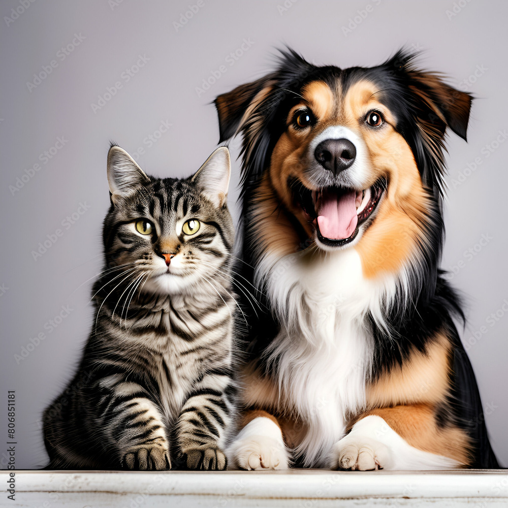 Portrait of Happy dog and cat that looking at the camera together isolated on transparent background, friendship between dog and cat, amazing friendliness of the pets. S