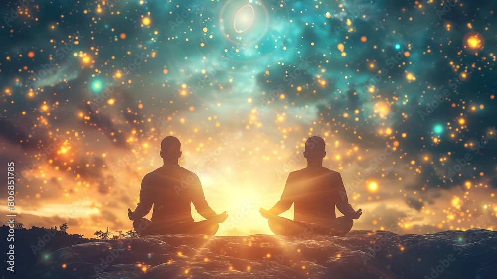 Forming a deep spiritual bond through meditation, astral communication, and telepathy between two individuals. Concept Spiritual Bonding, Meditation, Astral Communication, Telepathy