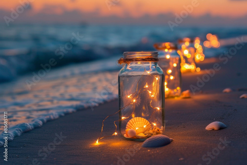 Mason jars are arranged along the sandy shore of a beach, illuminated by the soft glow of fairy lights. The gentle waves lap against the shore in the background. photo