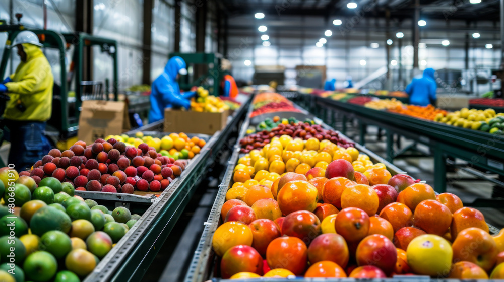Workers in a warehouse organize a vibrant array of fresh fruits and vegetables on a conveyor belt.