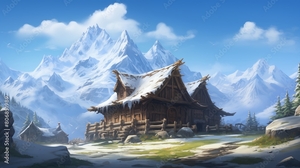 A serene snow-covered village in the mountains