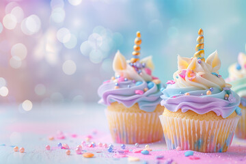 pastel unicorn themed cupcakes with cute unicorns toppings on a bright pastel  background with bokeh and copy space 