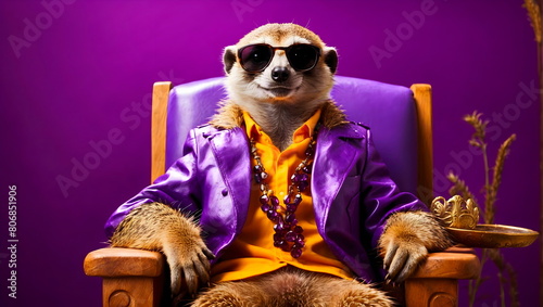  funny meerkat sitting on chair with sunglasses with purple background generative AI