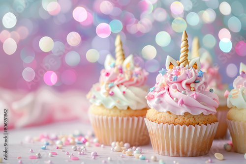 pastel unicorn themed cupcakes with cute unicorns toppings on a bright pastel  background with bokeh and copy space 