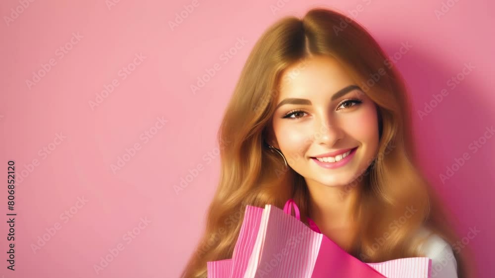 Happy woman with shopping bags after shopping. Woman with shopping in pink Happy woman with shopping bags after shopping. Woman with shopping in pink