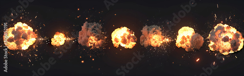Animation sprite sheet of seven different types of bomb explosion and blast on black background