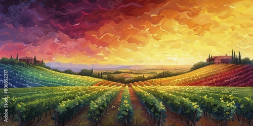 Embark on a colorful vineyard journey, tasting the rainbow as each stop mirrors a Pride flag hue in a sleek, minimalist portrait style.