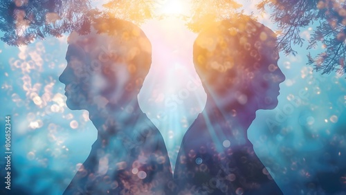 Cultivating a profound spiritual connection through meditation, astral communication, and telepathy between two individuals. Concept Spiritual Connection, Meditation Practice, Astral Communication photo