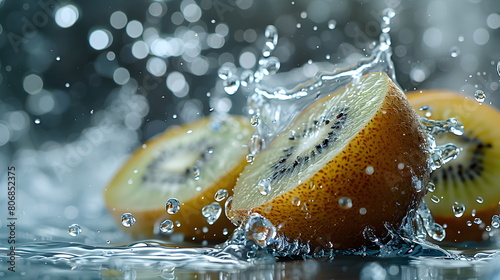water splashing onto Kiwi fruit, in the style of cleared background, Fresh, clean fruit juice with a Kiwi fruit flavor, a flavored fruit drinks, fresh fruit products from organic gardens.
