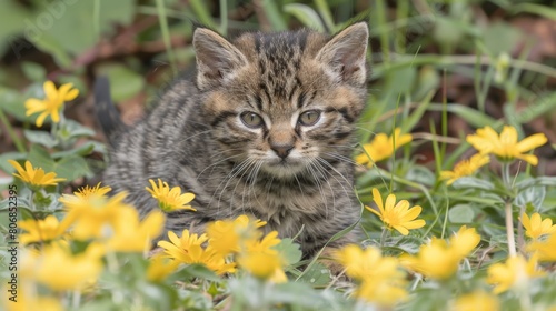   A kitten, small and stoic, gazes at the camera from a sunlit field brimming with yellow blooms Its curiosity piques © Mikus