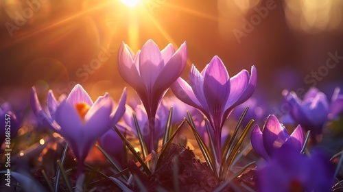  A field filled with purple flowers under the sun, sun shining through the background trees