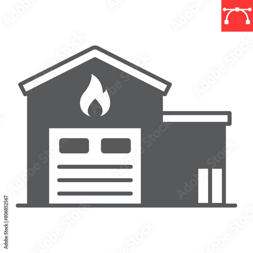 Fire station glyph icon, building and architecture, firehouse vector icon, vector graphics, editable stroke solid sign, eps 10.