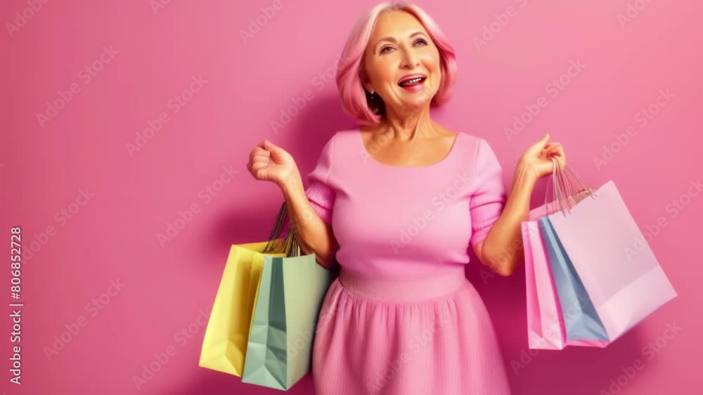 Happy woman with shopping bags after shopping. Woman with shopping in pink Happy woman with shopping bags after shopping. Woman with shopping in pink