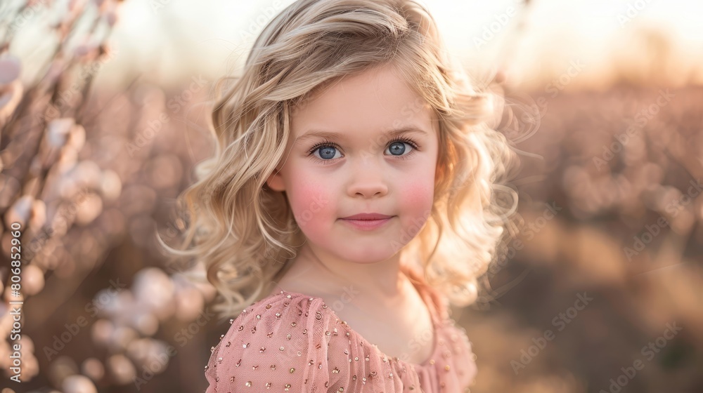   A child's face, tightly framed, surrounded by a backdrop of vibrant flowers, and a softly blurred sky in the foreground
