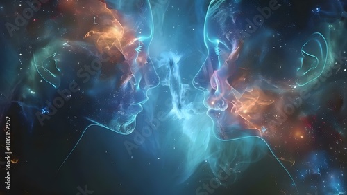 Deep spiritual bond formed through meditation astral communication and telepathy between two individuals. Concept Deep Connection, Spiritual Bond, Meditation, Astral Communication, Telepathy