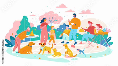 Family and Pets Enjoying a Sunny Day at the Park Illustration Pet friendly