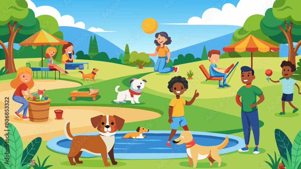 Vibrant Summer Day at the Park with Happy Children and Playful Dogs Pet friendly