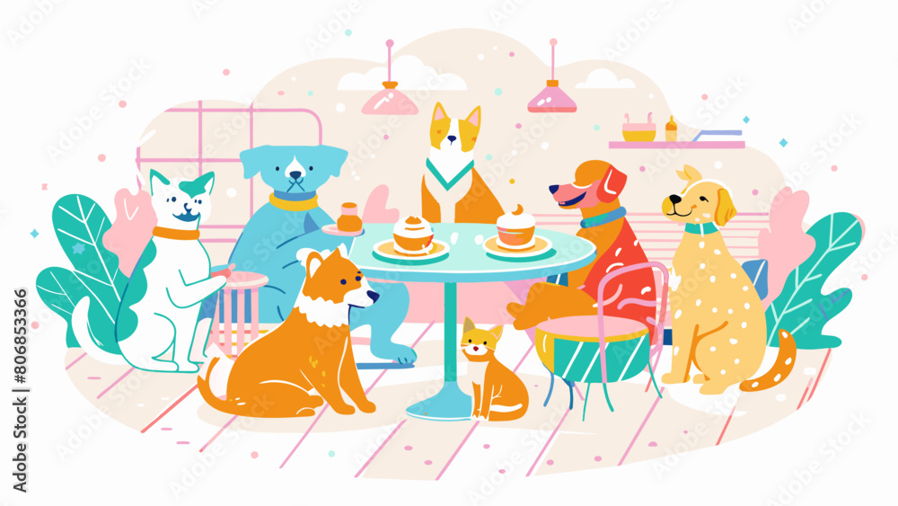 Obraz premium Cheerful Cartoon Dogs Enjoying a Cafe Gathering Pet friendly