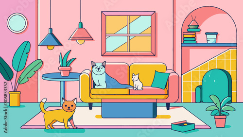 Vibrant, Cozy Living Room with Playful Cats Illustration Pet friendly