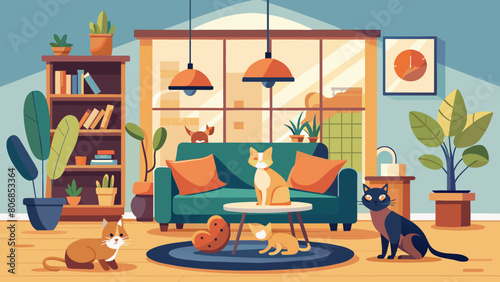 Cozy Modern Living Room Interior with Playful Cats Pet friendly