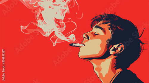 Young man smoking on color background style vector