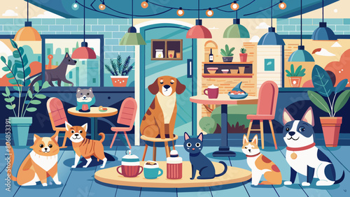 Cheerful Pet Cafe Scene with Dogs and Cats Enjoying Treats Pet friendly