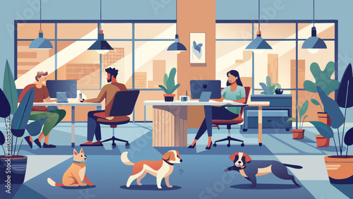 Modern Pet-Friendly Office Space with Diverse Team Members and Indoor Plants. Pet friendly