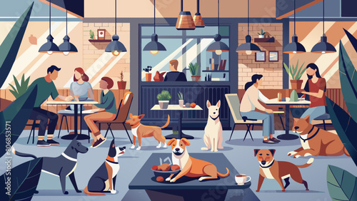 Cozy Dog-Friendly Cafe Scene with Customers and Pets. Pet friendly