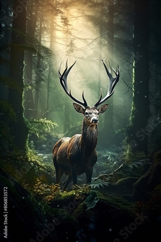 Photo a mystical deer with large antlers within a fores photo