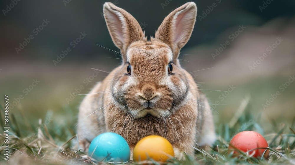 A rabbit sits in the grass, holding colored eggs in its mouth and gazing at the camera A rabbit sits in the grass, holding colored eggs in its mouth and gazing at the camera