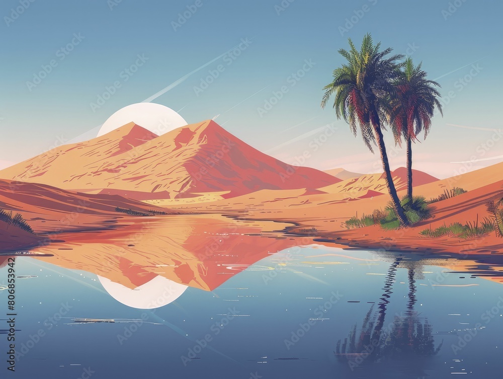 Oasis in the middle of a sprawling desert, a metaphor for hope and environmental restoration, illustration style, in straight front portrait minimal.