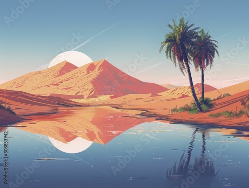 Oasis in the middle of a sprawling desert  a metaphor for hope and environmental restoration  illustration style  in straight front portrait minimal.