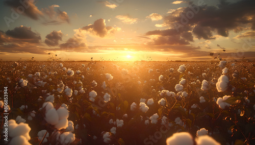 Sunrise in white rope cotton field  organic farming  serene agricultural landscape  warm evening glow  rustic beauty Agricultural crop  Fabric  cotton harvest season   beautiful farming background