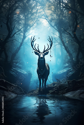 Photo a mystical deer with large antlers within a fores © vista