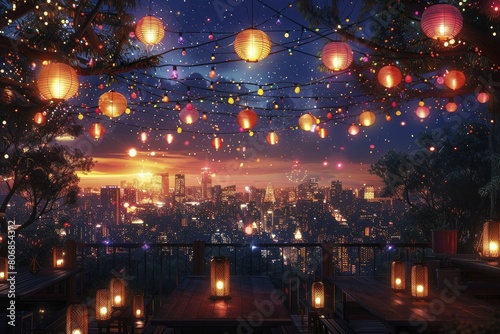 A vibrant rooftop soir    e beneath rainbow lanterns  cityscape aglow  captured in a chic  minimalist portrait illustration.