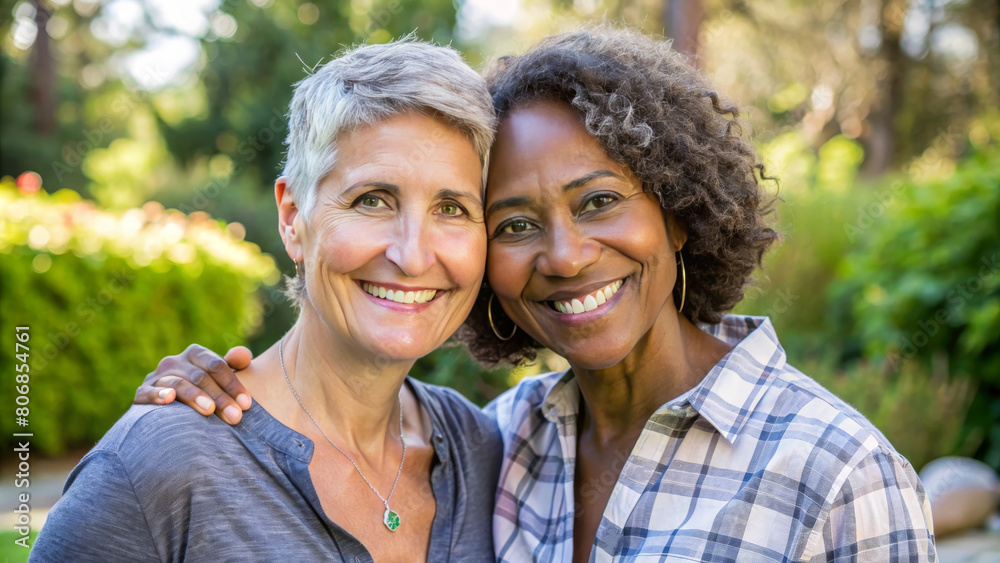 Happy adult lesbian lgbtq couple in love cuddling and smiling together on nature. Two stylish diverse pretty women hugging and bonding. multi race LGBT relationship lifestyle concept