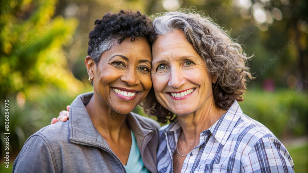 Happy adult lesbian lgbtq couple in love cuddling and smiling together on nature. Two stylish diverse pretty women hugging and bonding. multi race LGBT relationship lifestyle concept Happy adult lesbian lgbtq couple in love cuddling and smiling together on nature. Two stylish diverse pretty women hugging and bonding. multi race LGBT relationship lifestyle concept