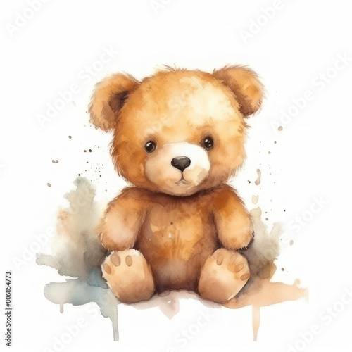 Watercolor cute little bear on a white background. AI generative.