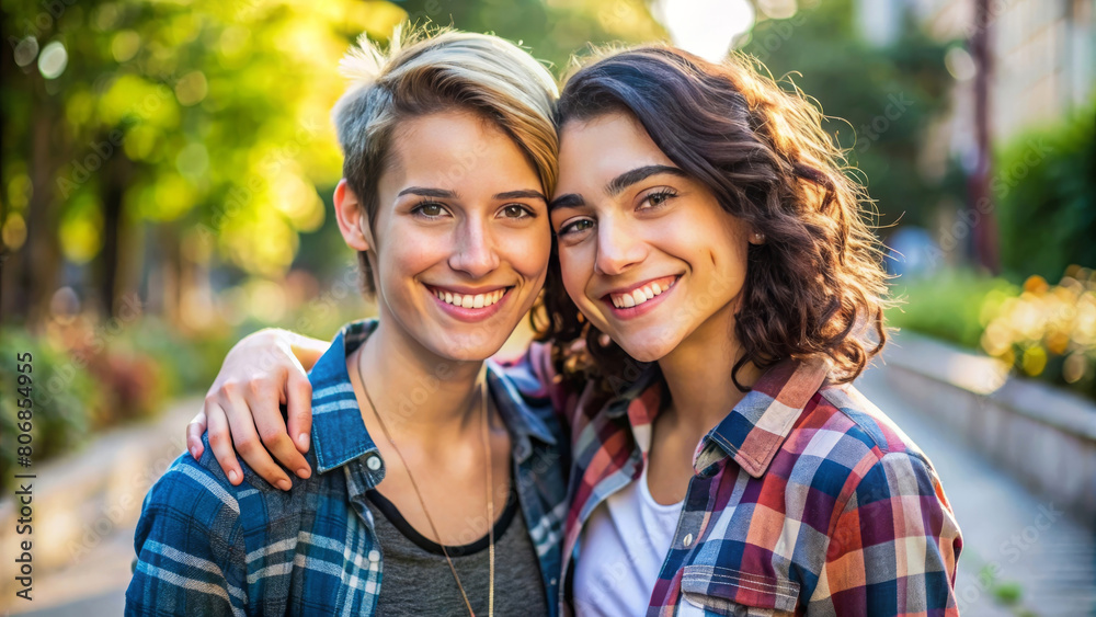 Happy young lesbian lgbtq couple in love cuddling and smiling together on nature. Two stylish diverse pretty women hugging and bonding. LGBT relationship lifestyle concept Happy young lesbian lgbtq couple in love cuddling and smiling together on nature. Two stylish diverse pretty women hugging and bonding. LGBT relationship lifestyle concept
